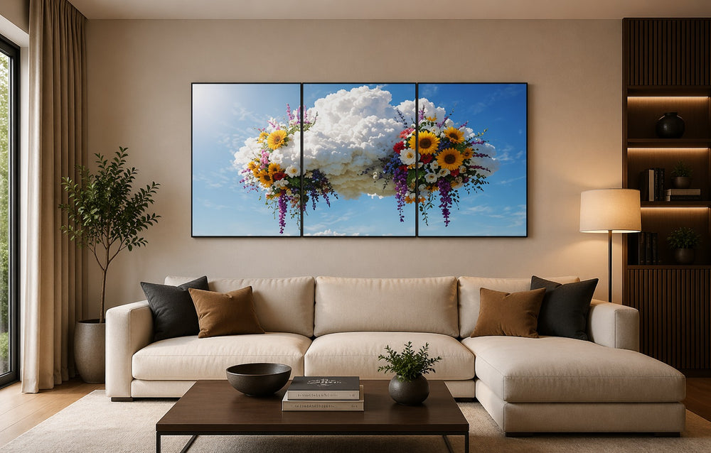Set of 3 Surreal Cloud and Sunflower Sky Scenery Wooden Sticky Wall Tiles for Modern Living Room Office and Bedroom Home Decor Ready Size 24x11 Inches Each